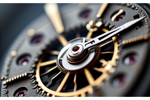 Extreme close-up of a Swiss mechanical watch movement, showing intricate gears and rubies